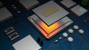 chip de procesador en una placa de circuito impreso con retroiluminación roja. Ilustración 3d sobre el tema de la tecnología y el poder de la inteligencia artificial. foto