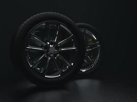 auto wheel with chrome disks close-up on a dark background. 3d render photo