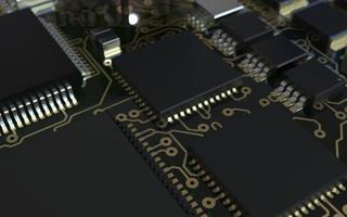 processor chip on a printed circuit board in red backlight. 3d illustration on the topic of technology and the power of artificial intelligence. photo