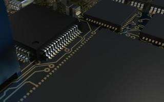 processor chip on a printed circuit board in red backlight. 3d illustration on the topic of technology and the power of artificial intelligence. photo