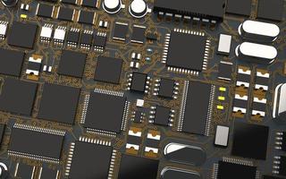 processor chip on a printed circuit board in red backlight. 3d illustration on the topic of technology and the power of artificial intelligence. photo