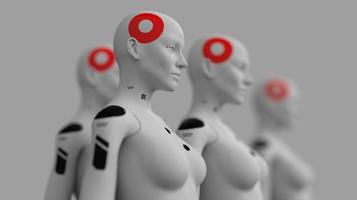 group of robots in female image standing in rows artificial intelligence and robotics concept photo