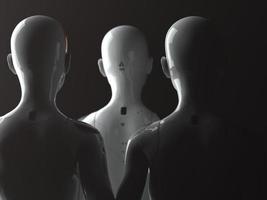 group of robots in female image standing in rows artificial intelligence and robotics concept photo