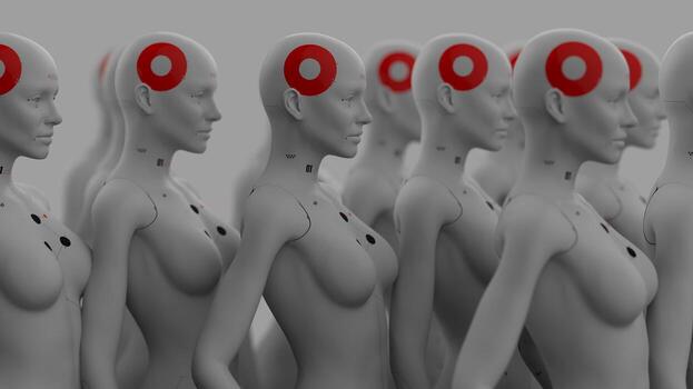 group of robots in female image standing in rows artificial intelligence and robotics concept photo