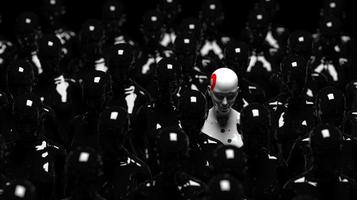 group of robots in female image standing in rows artificial intelligence and robotics concept photo