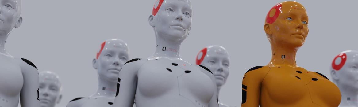 a group of robots standing in rows one robot from all has a clear difference photo