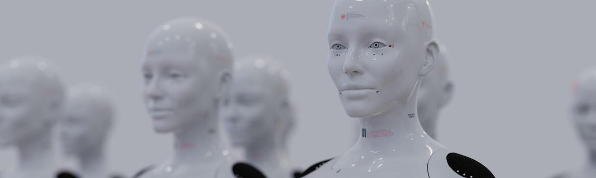 group of robots in female image standing in rows artificial intelligence and robotics concept photo