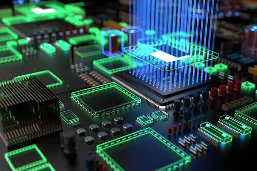 different types of computers and spare parts. 3D rendering on the subject of computing photo