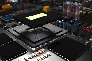 printed circuit board with microchips, processors and other computer parts on a dark background. 3d render photo