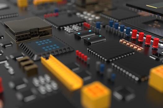 printed circuit board with microchips, processors and other computer parts. 3D render on the topic of technology and large computing power photo