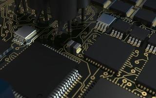 chip de procesador en una placa de circuito impreso con retroiluminación roja. Ilustración 3d sobre el tema de la tecnología y el poder de la inteligencia artificial. foto