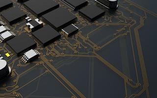 processor chip on a printed circuit board in red backlight. 3d illustration on the topic of technology and the power of artificial intelligence. photo
