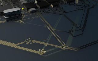 processor chip on a printed circuit board in red backlight. 3d illustration on the topic of technology and the power of artificial intelligence. photo