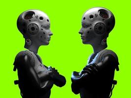 portrait of three robots close-up. isolated 3d illustration for use with dark background photo