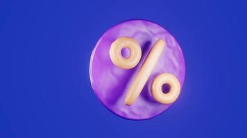 3d yellow rotating icon of percent discount on purple round in plasticine style video