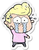 distressed sticker of a cartoon crying man vector