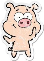 distressed sticker of a happy cartoon pig vector