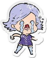 distressed sticker of a cartoon woman crying vector