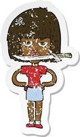 retro distressed sticker of a cartoon woman with knife between teeth vector