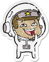 distressed sticker of a cartoon laughing astronaut vector