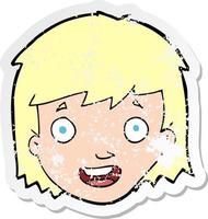 retro distressed sticker of a cartoon happy female face vector