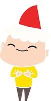 happy flat color illustration of a bald man wearing santa hat vector