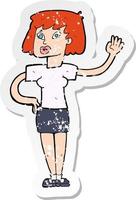 retro distressed sticker of a cartoon woman waving vector