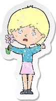 retro distressed sticker of a cartoon woman with flower vector