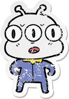 distressed sticker of a cartoon three eyed alien vector