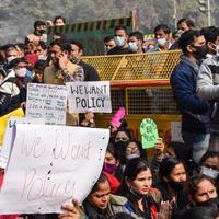 New Delhi, India December 25 2021 - Delhi Contractual Guest Teachers with posters, flags and graffitis protesting against Delhi AAP Government for making policy, Delhi Guest Teachers protesting photo