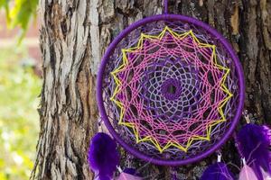 Handmade dream catcher with feathers threads and beads rope hanging photo