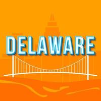 Delaware vintage 3d vector lettering. Retro bold font, typeface. Pop art stylized text. Old school style letters. 90s, 80s poster, banner. Memorial bridge, cityscape orange color background