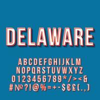 Delaware vintage 3d vector lettering. Retro bold font, typeface. Pop art stylized text. Old school style letters, numbers, symbols, elements pack. 90s, 80s poster, banner. Blue color background