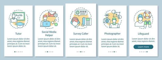 Part-time jobs onboarding mobile app page screen with linear concepts. Tutor, photographer, lifeguard walkthrough steps graphic instructions. UX, UI, GUI vector template with illustrations