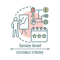 Senior level concept icon. Profession level idea thin line illustration. Top management. Authoritative position. Work experience. High-ranking worker. Vector isolated outline drawing. Editable stroke