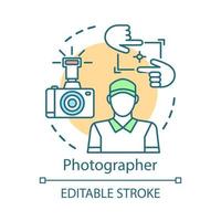 Photographer concept icon. Digital camera and photo equipment idea thin line illustration. Operator, correspondent. Photo journalist, reporter. Vector isolated outline drawing. Editable stroke