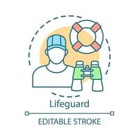 Lifeguard concept icon. Professional rescuer idea thin line illustration. Summer part time job. Beach emergency rescue. Ring buoy, binoculars. Vector isolated outline drawing. Editable stroke