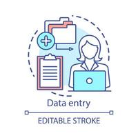 Data entry concept icon. Typist, transcriber, clerk idea thin line illustration. Part-time employment, freelance. Secretary, personal assistant. Vector isolated outline drawing. Editable stroke