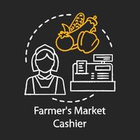 Farmers market cashier chalk icon. Woman near counter selling vegetables from personal garden. Farming, shopping in grocery. Seller, marketer. Isolated vector chalkboard illustration