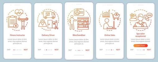 pantalla de la página de la aplicación móvil de incorporación naranja de trabajo a tiempo parcial con conceptos lineales. instructor de fitness, instrucciones gráficas de los pasos del tutorial de la recepcionista. ux, ui, plantilla vectorial gui con ilustraciones vector