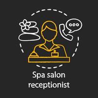 icono de tiza de recepcionista de salón de spa. secretario, gerente. mujer contestando el teléfono, haciendo el registro del cliente. haciendo reserva. servicio de recepción ilustración de pizarra de vector aislado