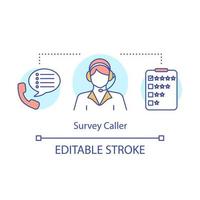 Survey caller concept icon. Operator, consultant manager idea thin line illustration. Client services. Automated phone surveys. Call center agent. Vector isolated outline drawing. Editable stroke