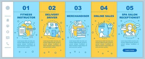 plantilla de vector de páginas web móviles de incorporación de trabajo a tiempo parcial. instructor de fitness. idea de interfaz de sitio web de teléfono inteligente sensible con ilustraciones lineales. pantallas de pasos del tutorial de la página web. concepto de color