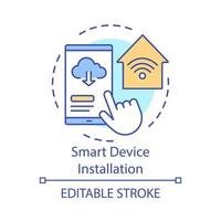 icono del concepto de instalación de dispositivos inteligentes. servicio a domicilio para dispositivos electrónicos idea ilustración de línea delgada. controlador de casa inteligente. sistema de domótica. dibujo vectorial aislado. trazo editable vector