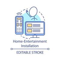 Home-entertainment installation concept icon. Home service for electronic devices idea thin line illustration. Satellite dish installing. Cable TV connection. Vector isolated drawing. Editable stroke