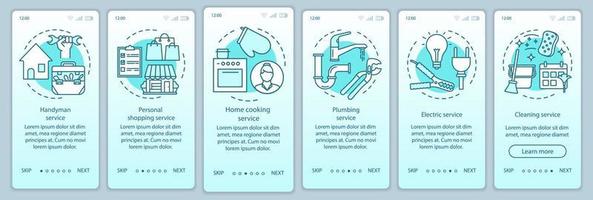 plantilla de vector de pantalla de página de aplicación móvil de incorporación de servicios domésticos. paso a paso del sitio web con ilustraciones lineales. limpieza, servicio de manitas. ux, ui, concepto de interfaz de teléfono inteligente gui