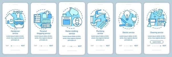 servicios para el hogar que incorporan la pantalla de la página de la aplicación móvil con conceptos lineales. servicio de manitas. instrucciones gráficas de seis pasos de recorrido. servicio de limpieza. ux, ui, plantilla vectorial gui con ilustraciones vector