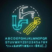 Plumbing service neon light concept icon. Home service idea. Water taps, faucets repair. Bathroom maintenance. Leaking pipes fix. Glowing sign with alphabet and symbols. Vector isolated illustration