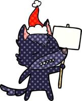 comic book style illustration of a wolf with sign post showing teeth wearing santa hat vector