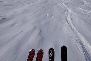 sunny winter morning in the mountains of sheregesh on the ski track photo